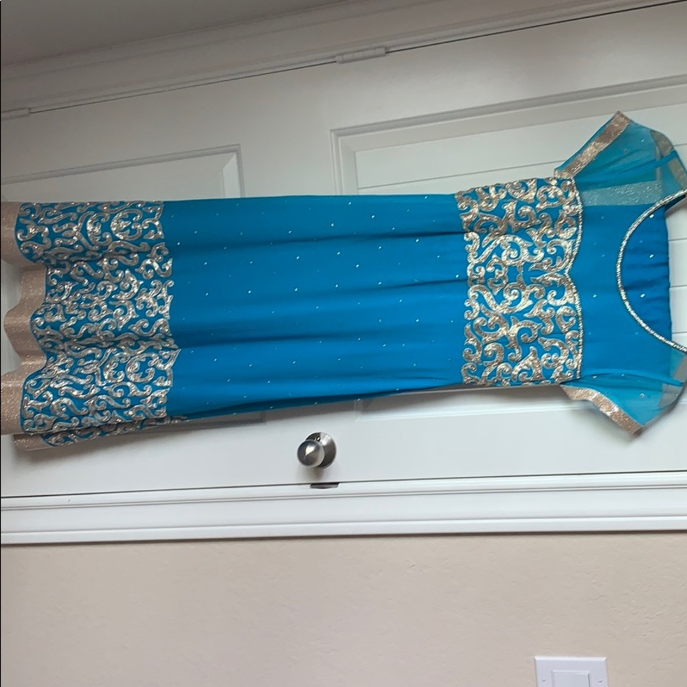 Blue and golden long Pakistani dress